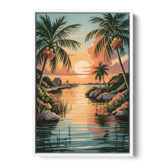 Tulum Lagoon Sunset - White Framed Canvas Wall Art - Front