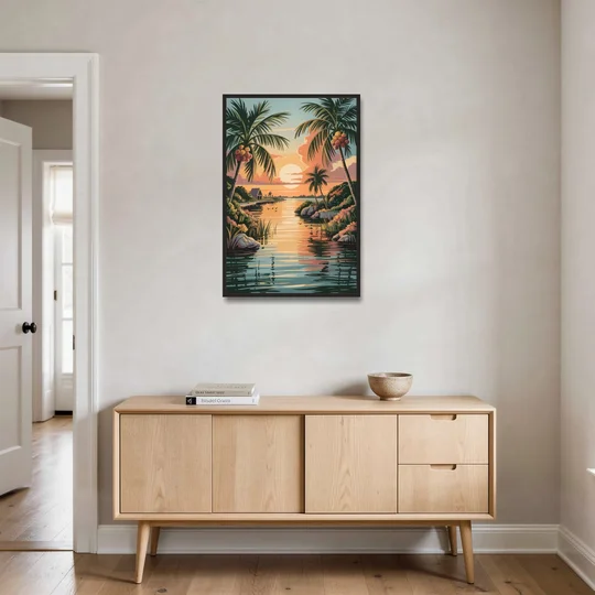Tulum Lagoon Sunset - Black Framed Canvas Wall Art - Coffee Table - 24x36