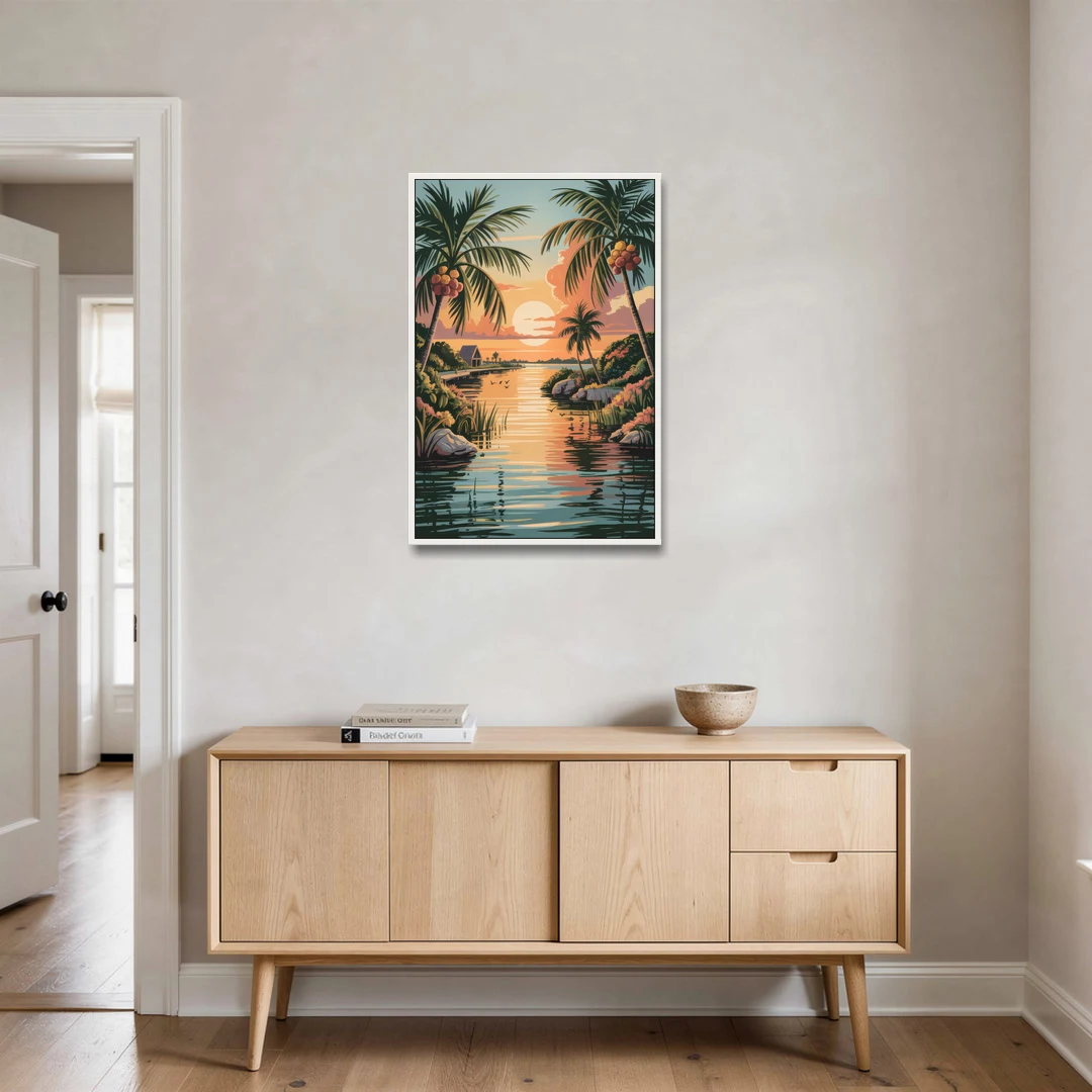 Tulum Lagoon Sunset - White Framed Canvas Wall Art - Coffee Table - 24x36