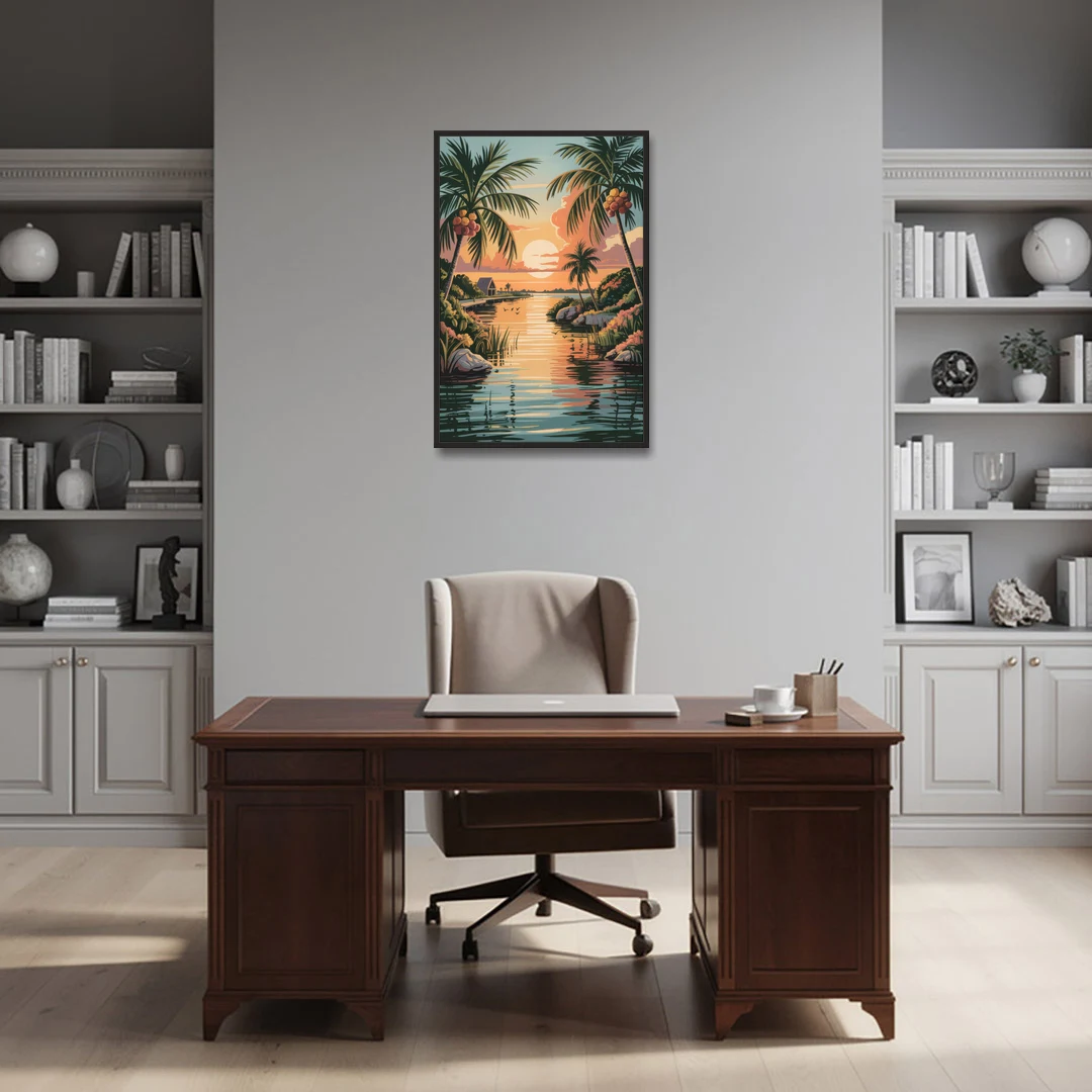 Tulum Lagoon Sunset - Black Framed Canvas Wall Art - Office - 24x36