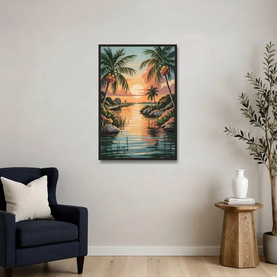 Tulum Lagoon Sunset - Black Framed Canvas Wall Art - Sofa - 24x36