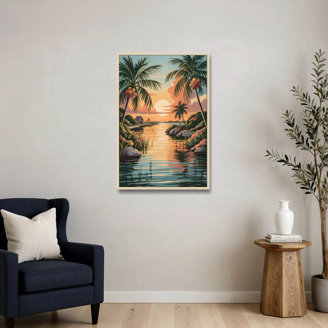 Tulum Lagoon Sunset - Oak Framed Canvas Wall Art - Sofa - 24x36