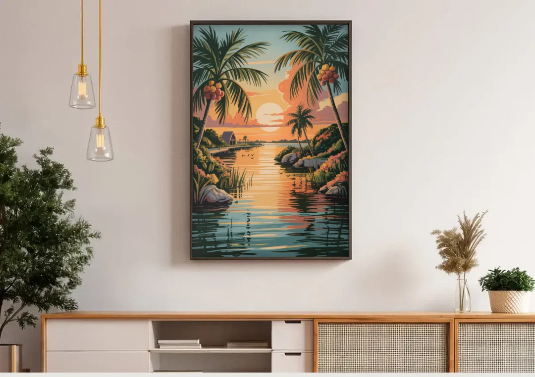 Tulum Lagoon Sunset canvas wall art above a wooden sideboard under pendant lights