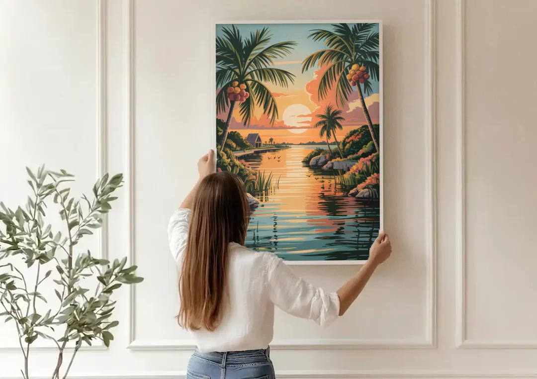 Tulum Lagoon Sunset canvas wall art being hung on a paneled wall