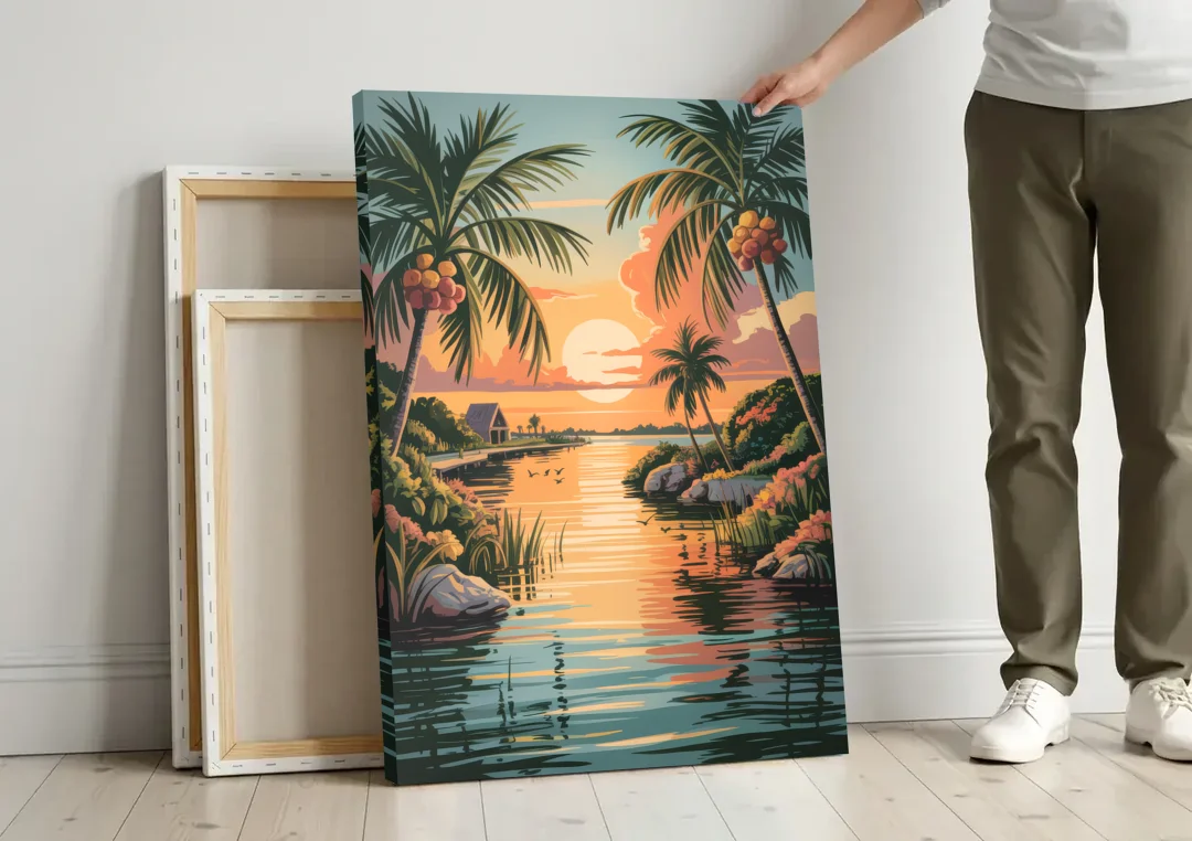 Tulum Lagoon Sunset canvas wall art leaning against a wall next to blank canvases