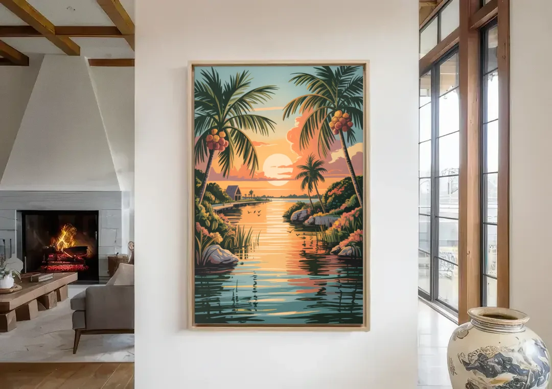 Tulum Lagoon Sunset canvas wall art in a living room with a fireplace