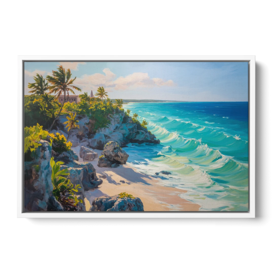 Tulum Ocean Cliffs - White Framed Canvas Wall Art - Front