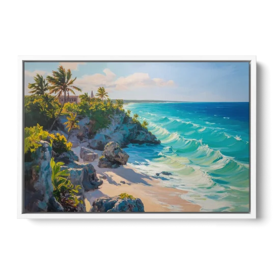 Tulum Ocean Cliffs - White Framed Canvas Wall Art - Front