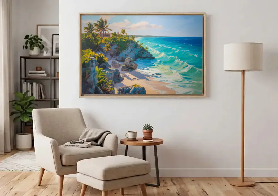 Tulum Ocean Cliffs canvas wall art above an armchair in a bright living room