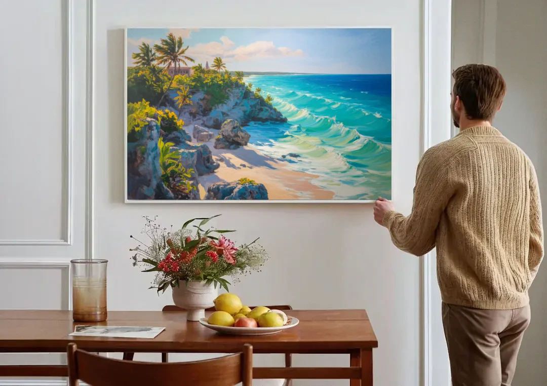 Tulum Ocean Cliffs canvas wall art above a dining table