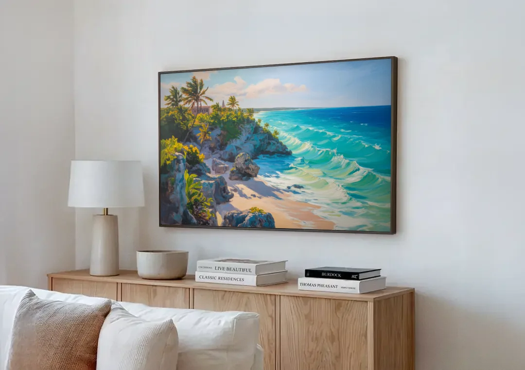 Tulum Ocean Cliffs canvas wall art above a wooden sideboard next to a sofa