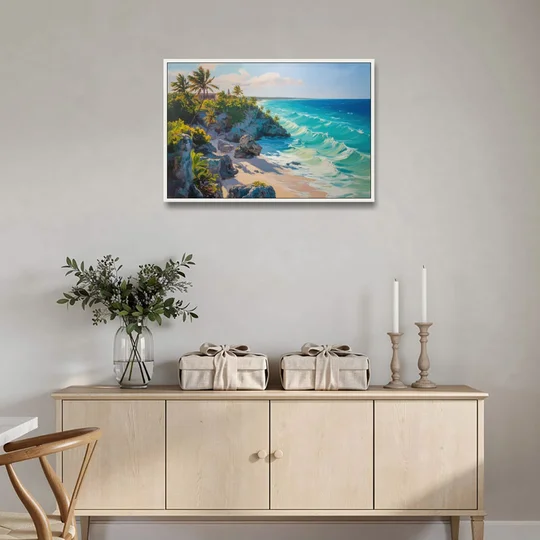 Tulum Ocean Cliffs - White Framed Canvas Wall Art - Coffee Table - 36x24