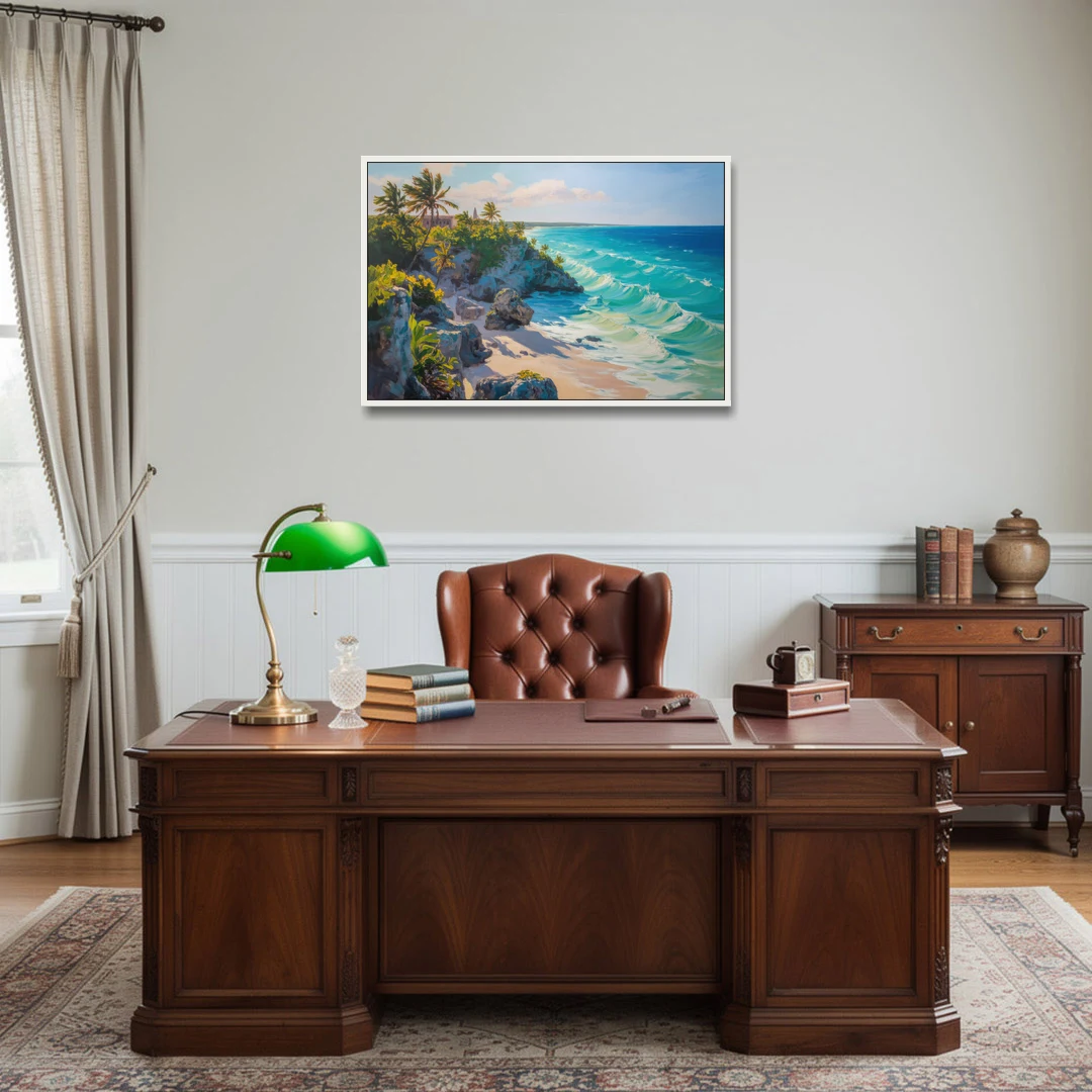 Tulum Ocean Cliffs - White Framed Canvas Wall Art - Office - 36x24