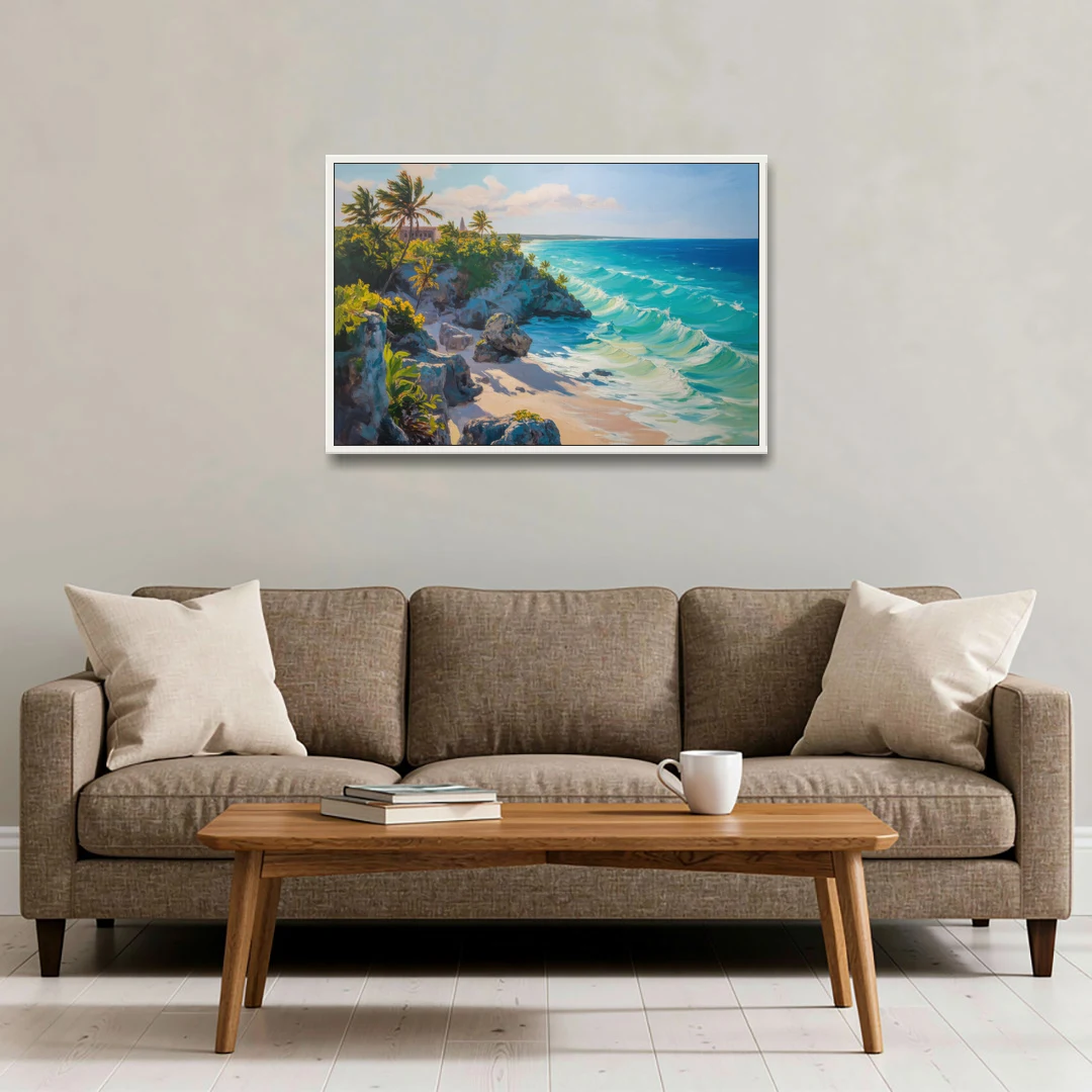 Tulum Ocean Cliffs - White Framed Canvas Wall Art - Sofa - 36x24