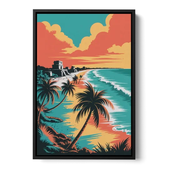 Tulum Palm Shadows - Black Framed Canvas Wall Art - Front