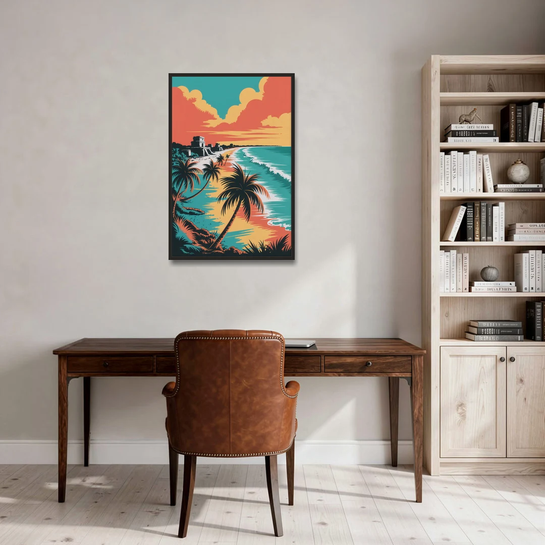 Tulum Palm Shadows - Black Framed Canvas Wall Art - Office - 24x36