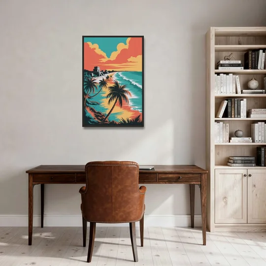 Tulum Palm Shadows - Black Framed Canvas Wall Art - Office - 24x36