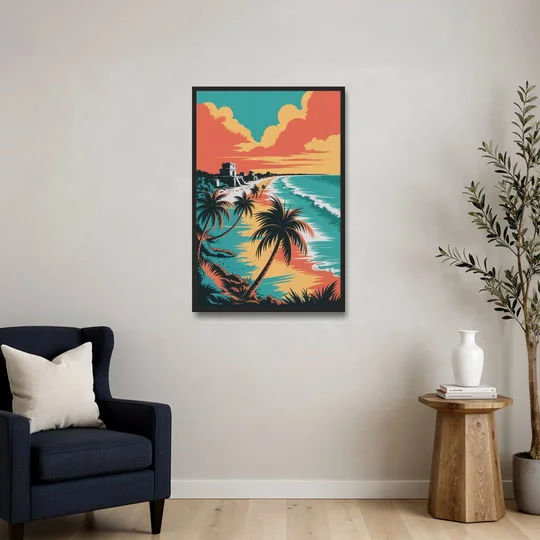 Tulum Palm Shadows - Black Framed Canvas Wall Art - Sofa - 24x36