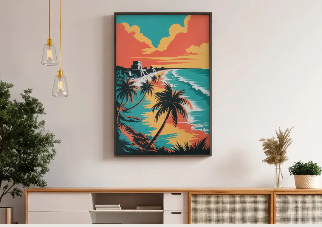 Tulum Palm Shadows canvas wall art above a wooden sideboard under pendant lights