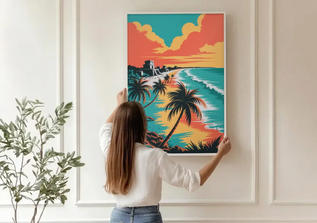 Tulum Palm Shadows canvas wall art being hung on a paneled wall