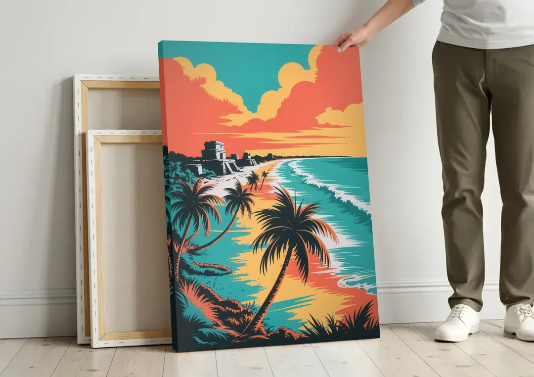 Tulum Palm Shadows canvas wall art leaning against a wall next to blank canvases