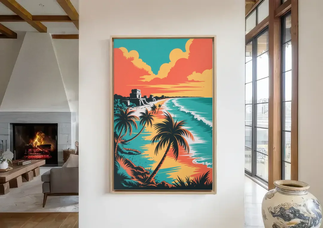 Tulum Palm Shadows canvas wall art in a living room with a fireplace