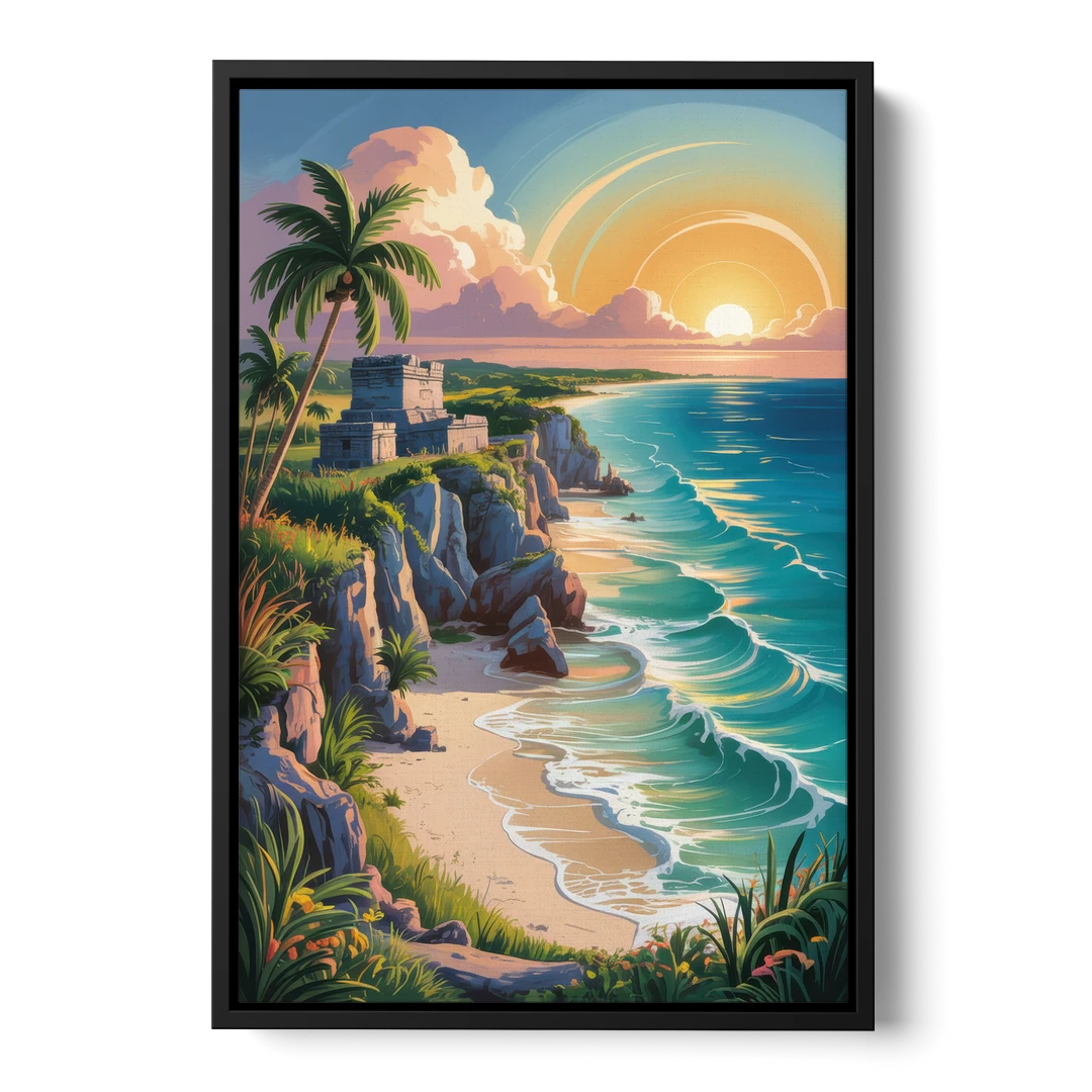 Tulum Sunrise Coast - Black Framed Canvas Wall Art - Front