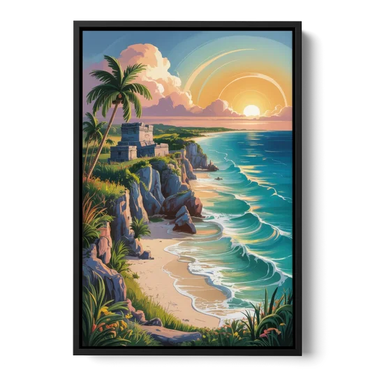 Tulum Sunrise Coast - Black Framed Canvas Wall Art - Front