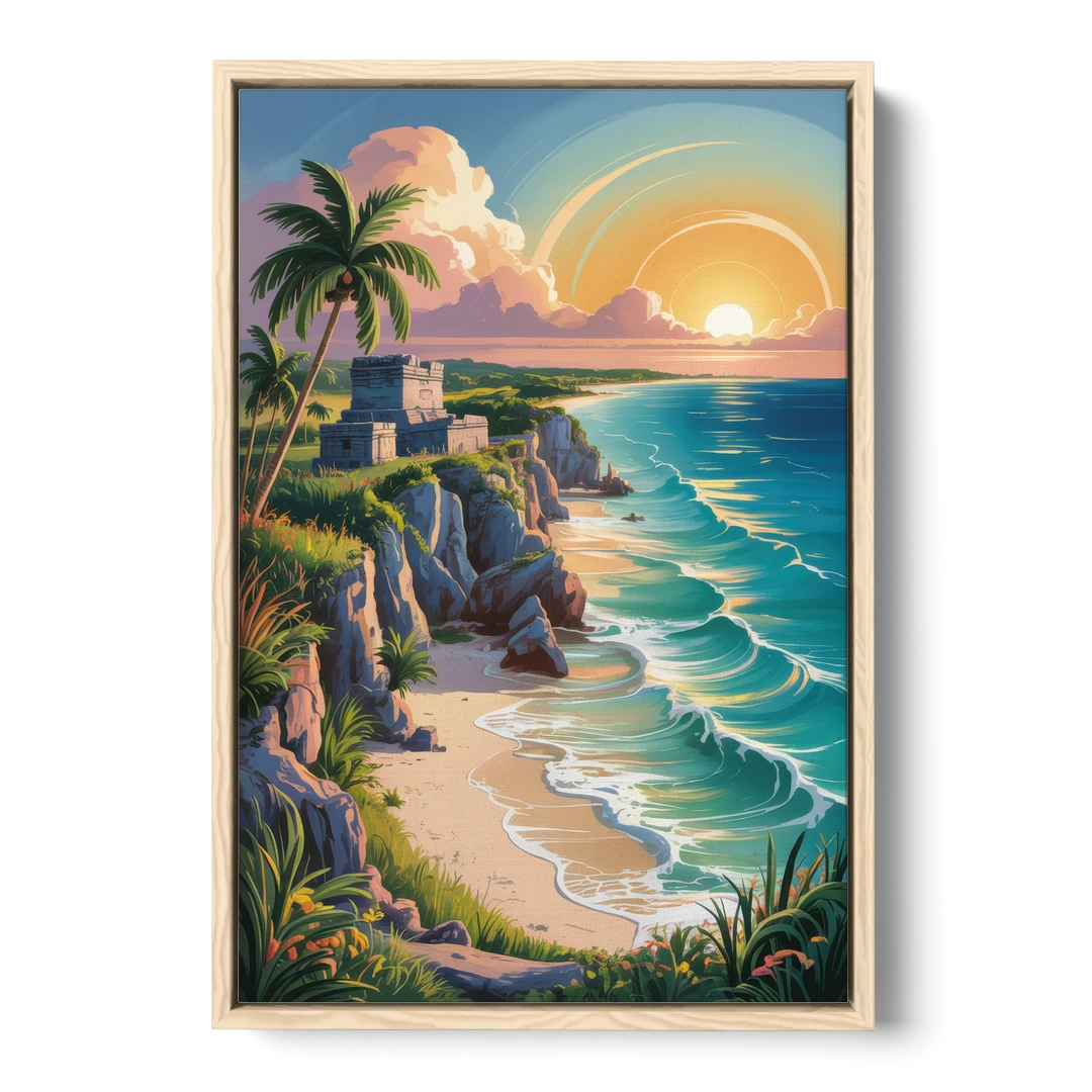 Tulum Sunrise Coast - Oak Framed Canvas Wall Art - Front