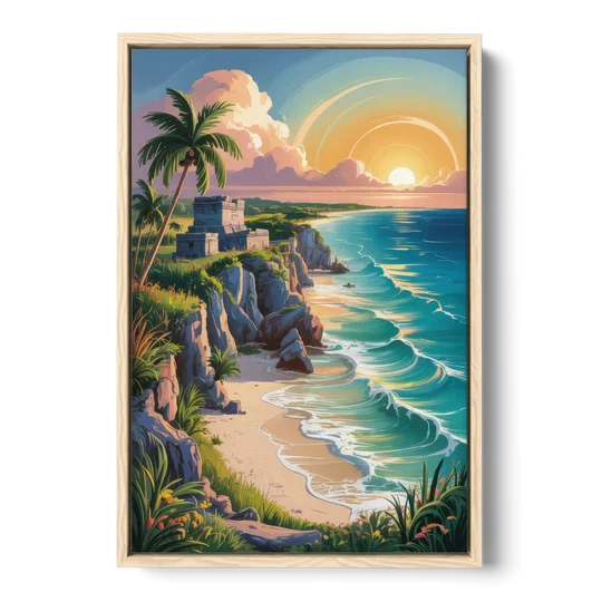 Tulum Sunrise Coast - Oak Framed Canvas Wall Art - Front