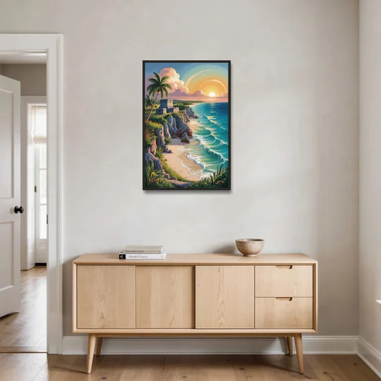 Tulum Sunrise Coast - Black Framed Canvas Wall Art - Coffee Table - 24x36