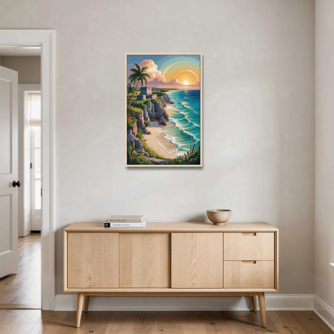 Tulum Sunrise Coast - Oak Framed Canvas Wall Art - Coffee Table - 24x36