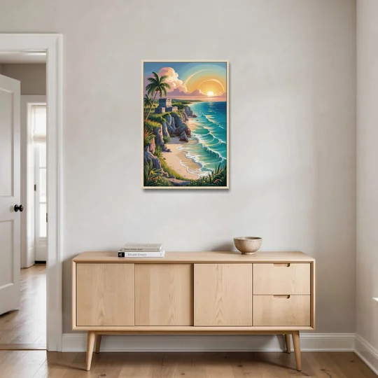 Tulum Sunrise Coast - Oak Framed Canvas Wall Art - Coffee Table - 24x36