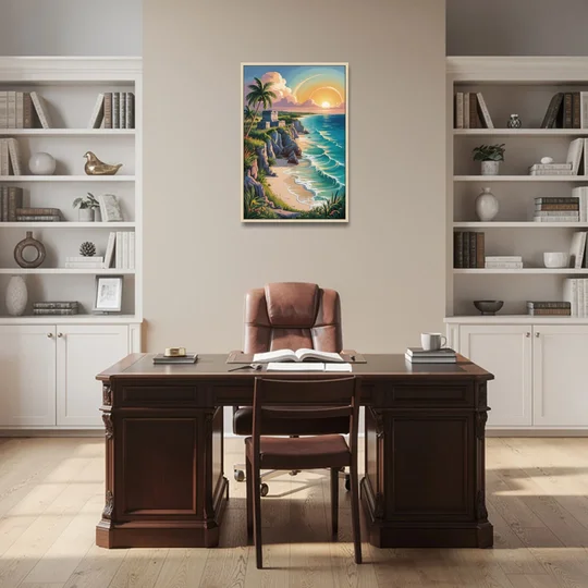 Tulum Sunrise Coast - Oak Framed Canvas Wall Art - Office - 24x36
