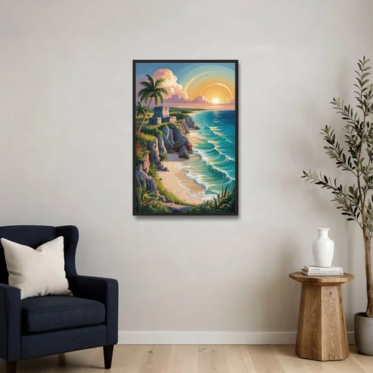 Tulum Sunrise Coast - Black Framed Canvas Wall Art - Sofa - 24x36
