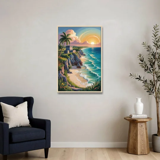 Tulum Sunrise Coast - Oak Framed Canvas Wall Art - Sofa - 24x36