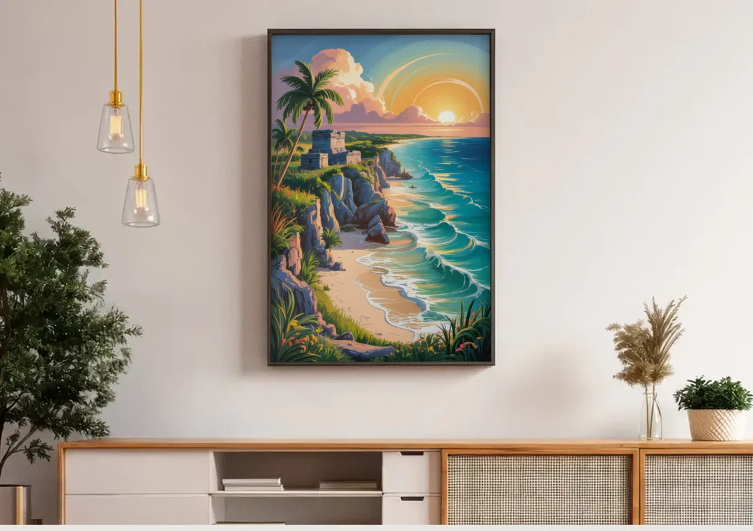 Tulum Sunrise Coast canvas wall art above a wooden sideboard under pendant lights