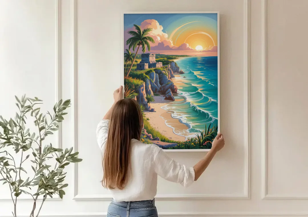 Tulum Sunrise Coast canvas wall art being hung on a paneled wall