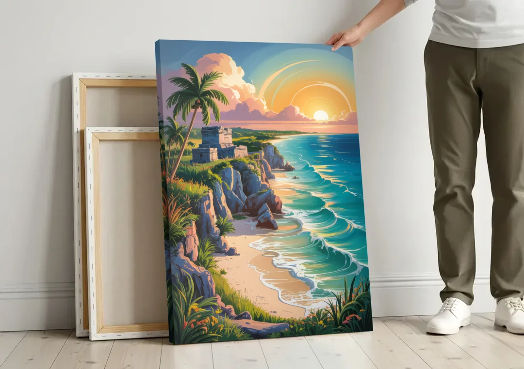 Tulum Sunrise Coast canvas wall art leaning against a wall next to blank canvases
