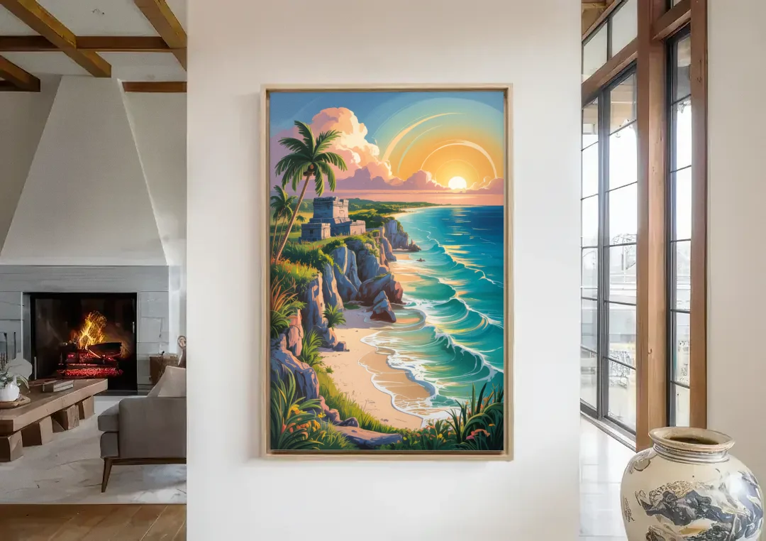 Tulum Sunrise Coast canvas wall art in a living room with a fireplace
