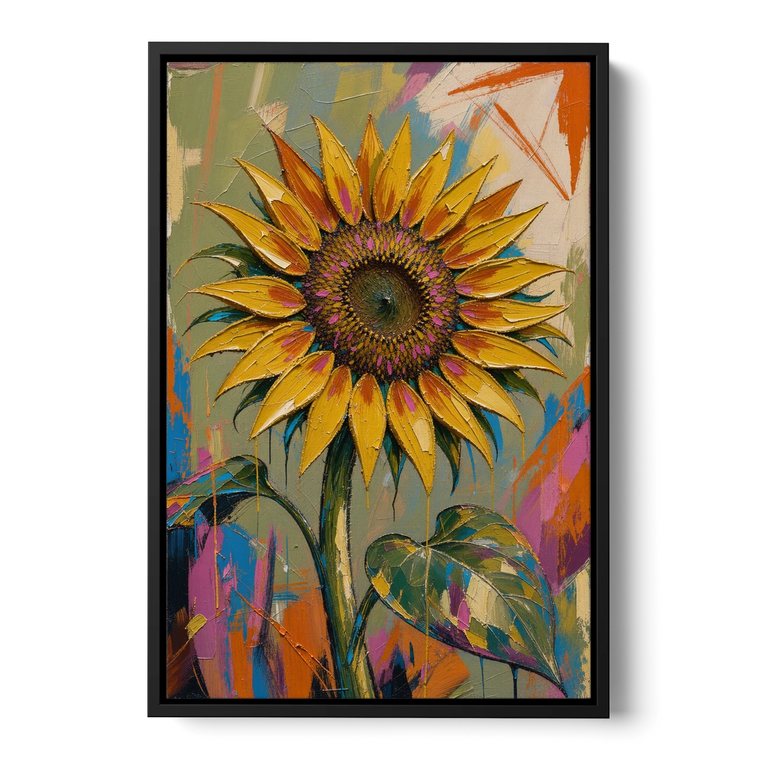 Turning Sunflower in Mustard Yellow for the Living Room - Black Framed Canvas Wall Art - Front