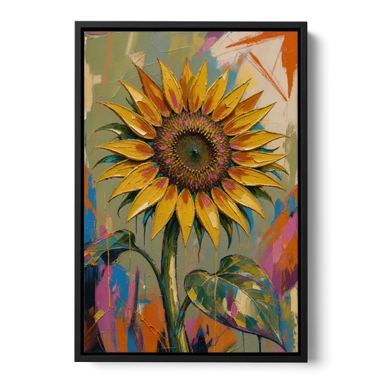 Turning Sunflower in Mustard Yellow for the Living Room - Black Framed Canvas Wall Art - Front