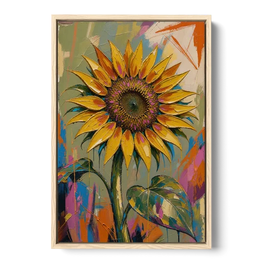 Turning Sunflower in Mustard Yellow for the Living Room - Oak Framed Canvas Wall Art - Front