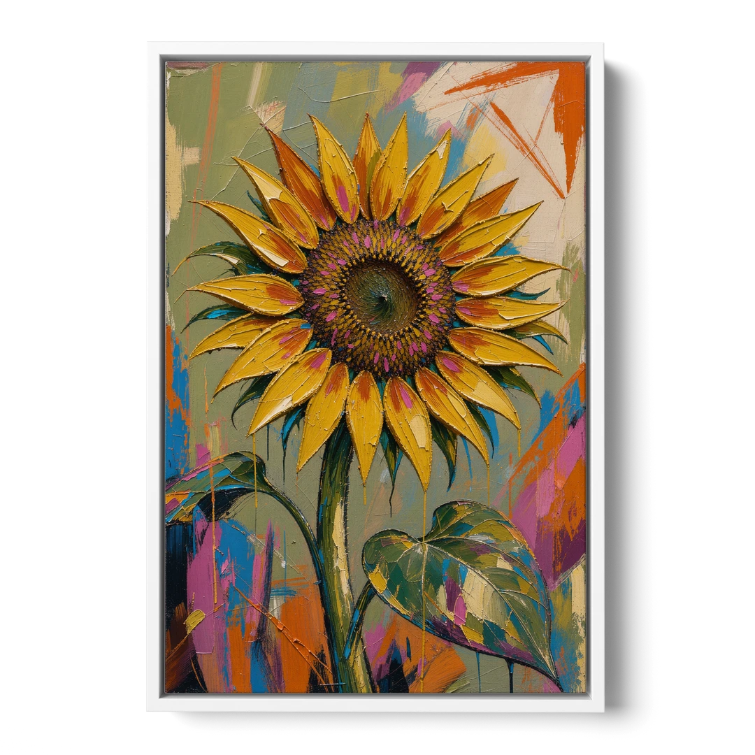 Turning Sunflower in Mustard Yellow for the Living Room - White Framed Canvas Wall Art - Front