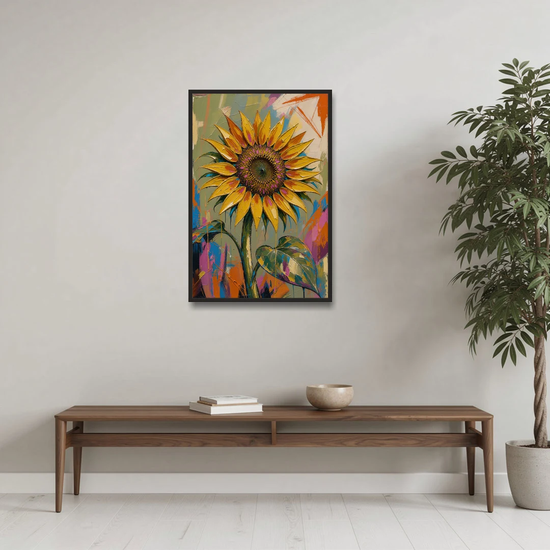 Turning Sunflower in Mustard Yellow for the Living Room - Black Framed Canvas Wall Art - Coffee Table - 24x36