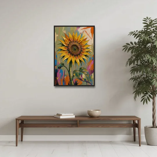 Turning Sunflower in Mustard Yellow for the Living Room - Black Framed Canvas Wall Art - Coffee Table - 24x36