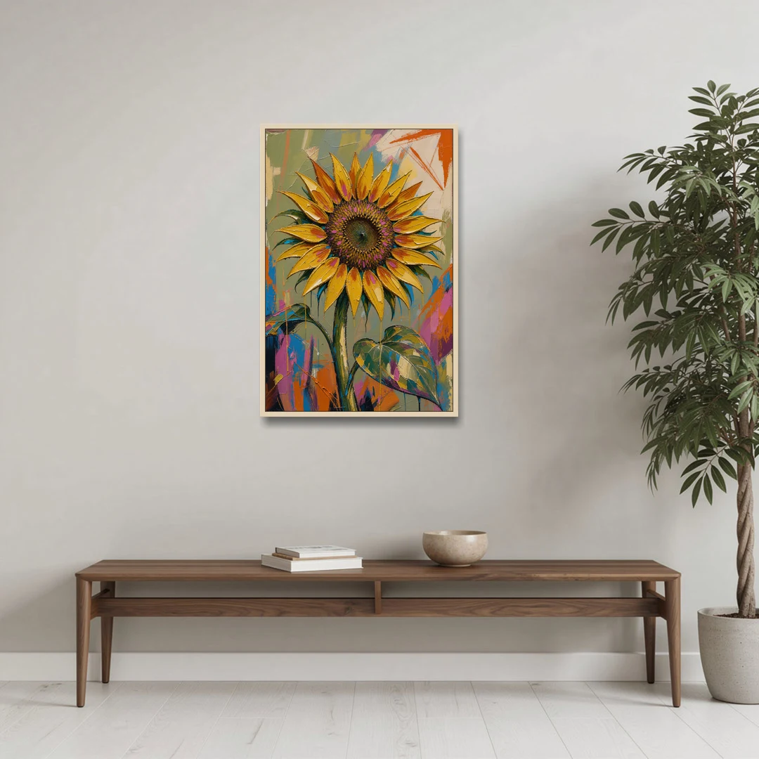 Turning Sunflower in Mustard Yellow for the Living Room - Oak Framed Canvas Wall Art - Coffee Table - 24x36