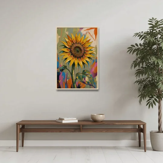 Turning Sunflower in Mustard Yellow for the Living Room - Oak Framed Canvas Wall Art - Coffee Table - 24x36