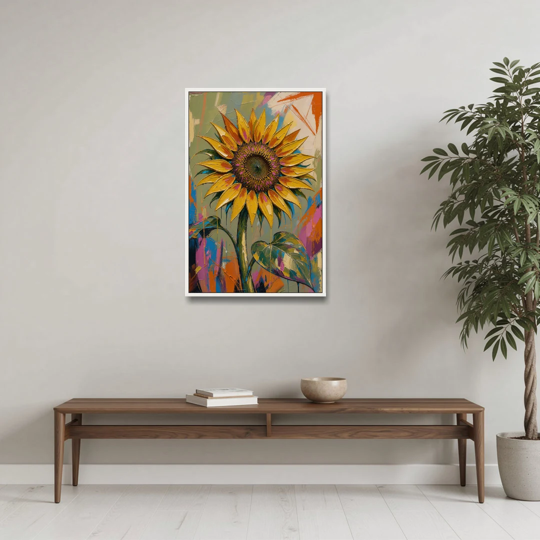 Turning Sunflower in Mustard Yellow for the Living Room - White Framed Canvas Wall Art - Coffee Table - 24x36