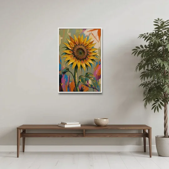 Turning Sunflower in Mustard Yellow for the Living Room - White Framed Canvas Wall Art - Coffee Table - 24x36